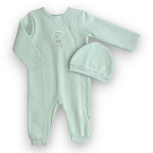 CA201103 Lovely Girl Salopette Set 3pcs Set, catset3pcs, Girl, Green, Winter, Heart, White, Band, Bandana, L6