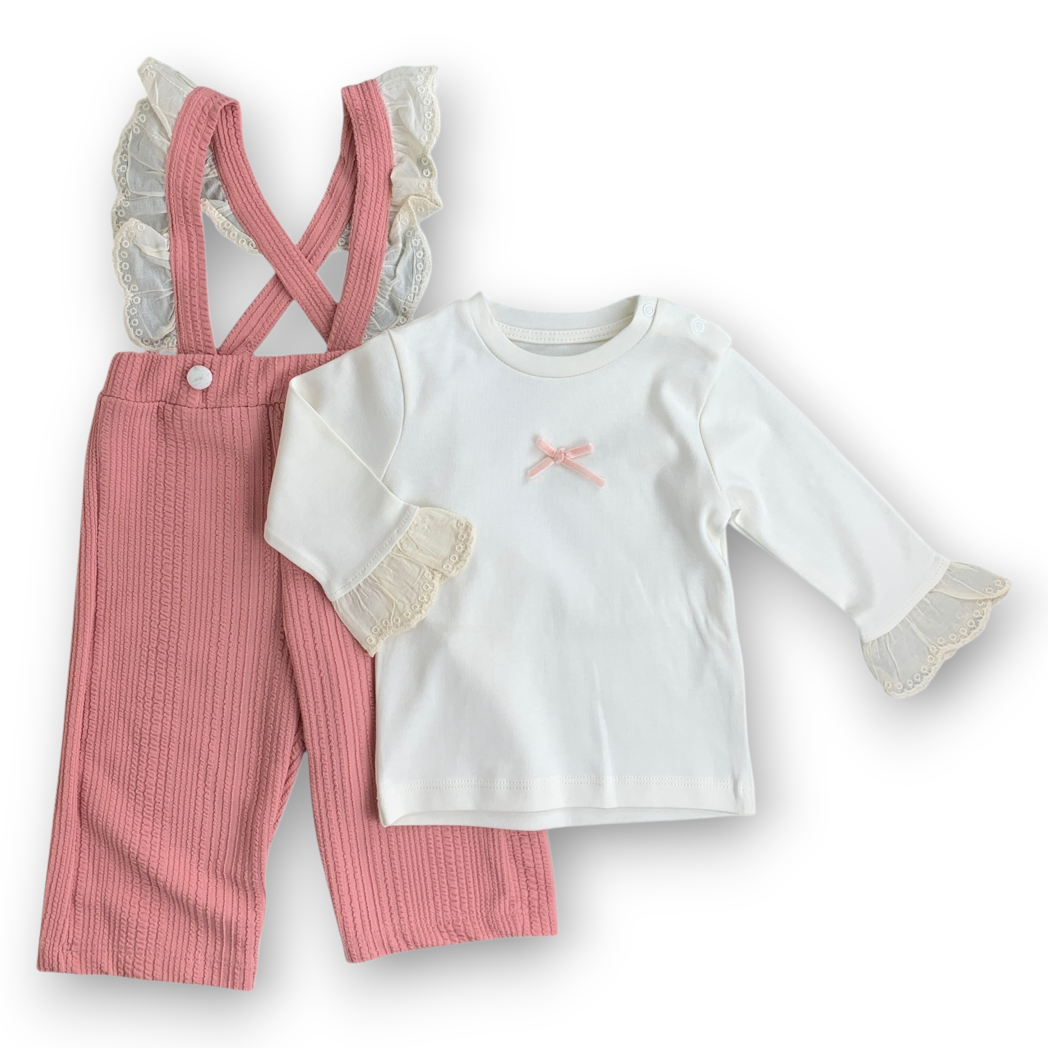 MM2041 Pink and Off-White with Bow Lace Shoulders Salopette Set