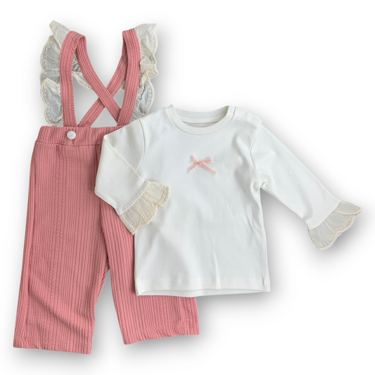 MM2041 Pink and Off-White with Bow Lace Shoulders Salopette Set
