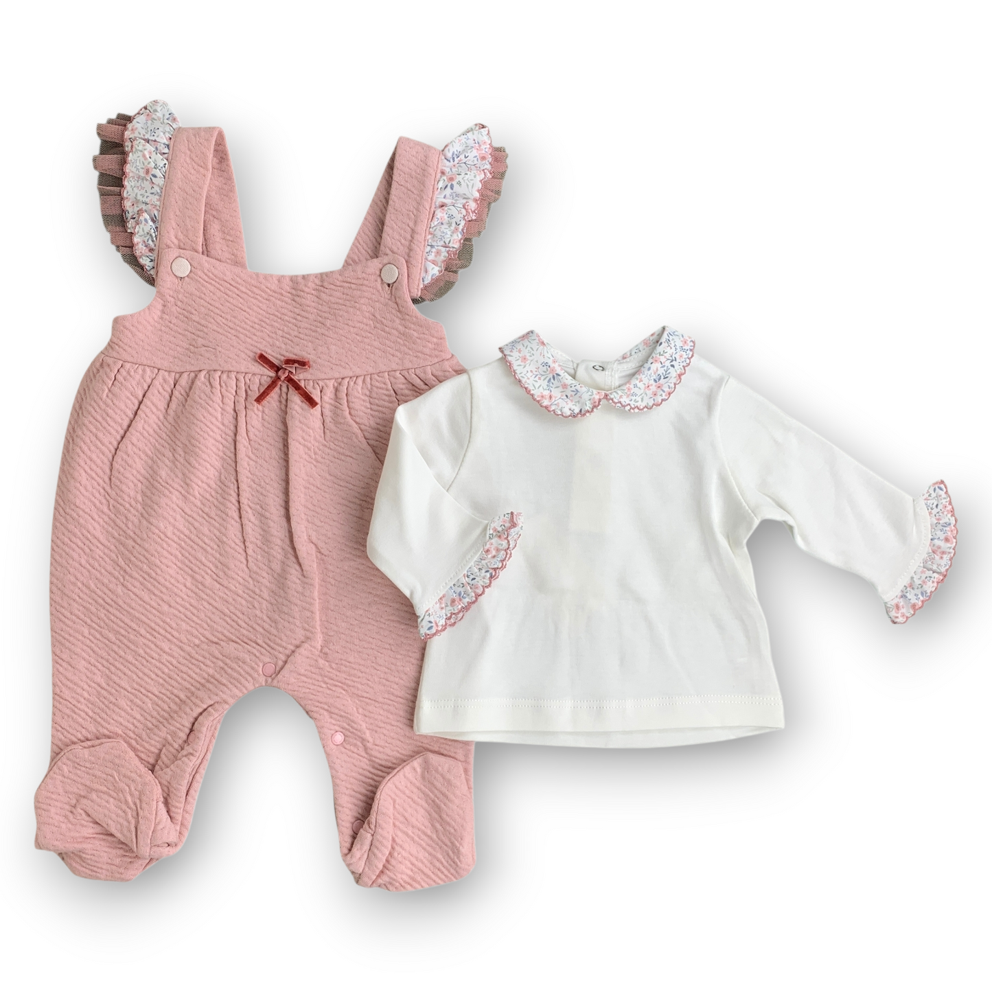 MN2011 Pink Flowers with Bow Lace Collar Salopette Set