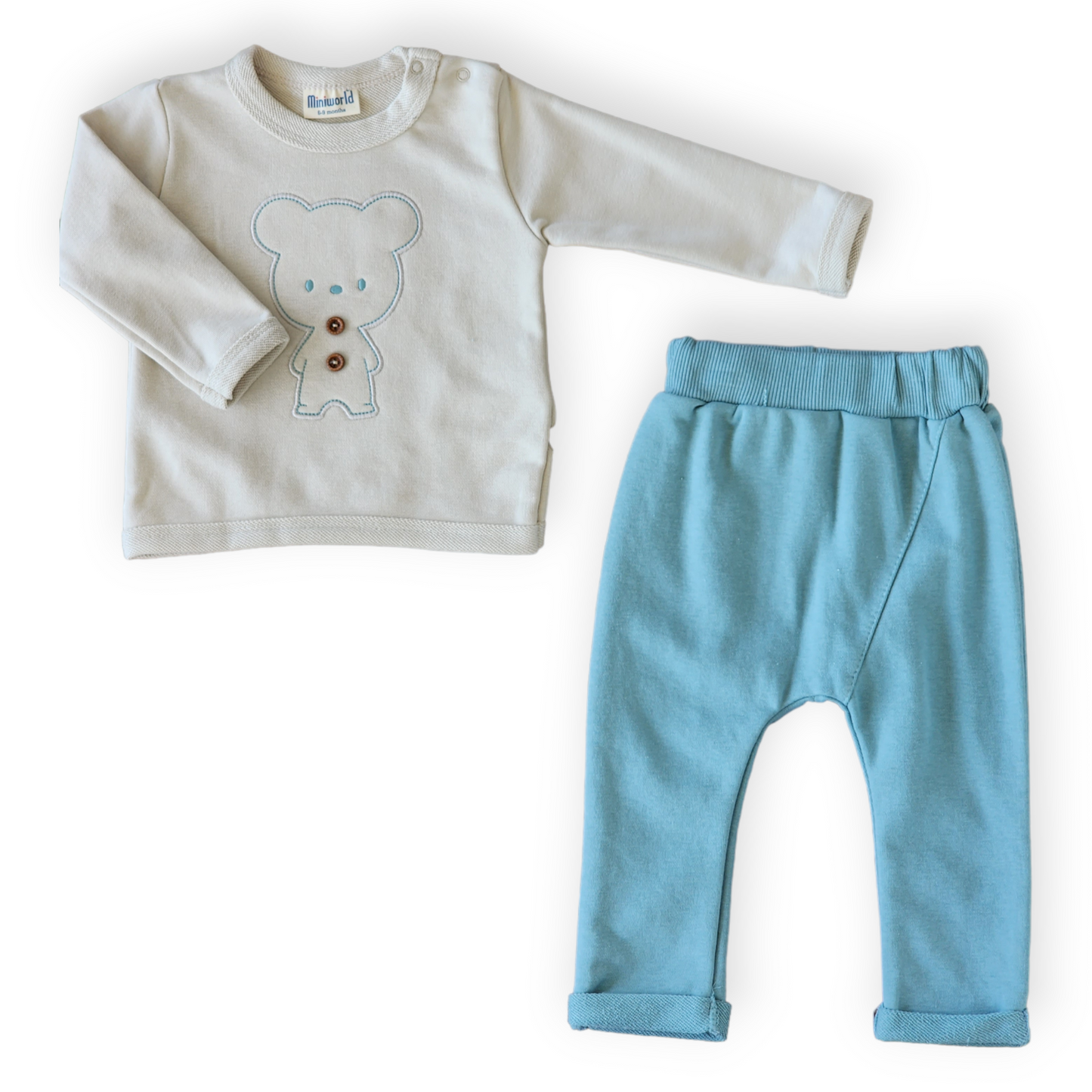 Teddy Bear Beige and Blue Set-Bear, Beige, Blue, Boy, Buttons, catboy, catset2pcs, FW23, Long Sleeve, Pants, Set, Teddy, Top, Unfooted, Velour-MiniWorld-[Too Twee]-[Tootwee]-[baby]-[newborn]-[clothes]-[essentials]-[toys]-[Lebanon]