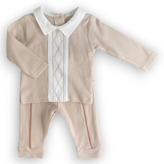 TO29709-Square-Pattern-Chique-Set-2pcs-Set-catset2pcs-Boy-catboy-Girl-catgirl-Unisex-catunisex-Long-sleeve-Beige-Brown-L4