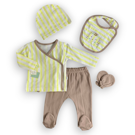 TO30003-Marching-Band-Wrapover-5pc-Hospital-Set-Set-catset2pcs-Boy-catboy-Long-sleeve-Yellow-brown-lion-bib-mittens-Lion-L4-cathos5pcs