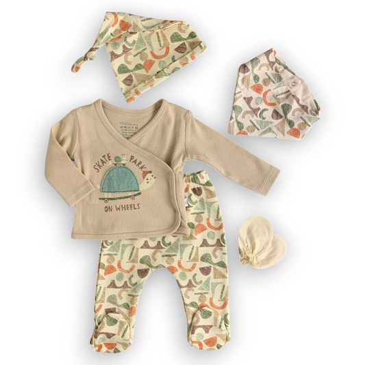 TO30100-Skate-Mood-Wrapover-5pc-Hospital-Set-Set-catset2pcs-Boy-catboy-Long-sleeve-Beige-green-Snail-skate-skateboard-bib-mittens-L4-cathos5pcs