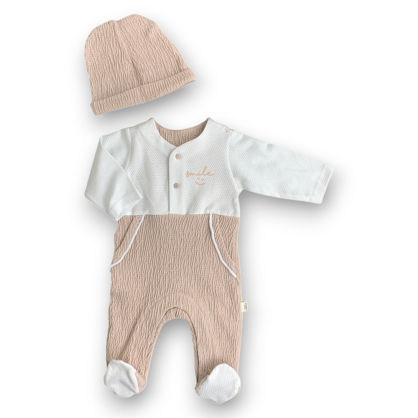 TO3141 Light Brown and White Smile Jumpsuit with Cap