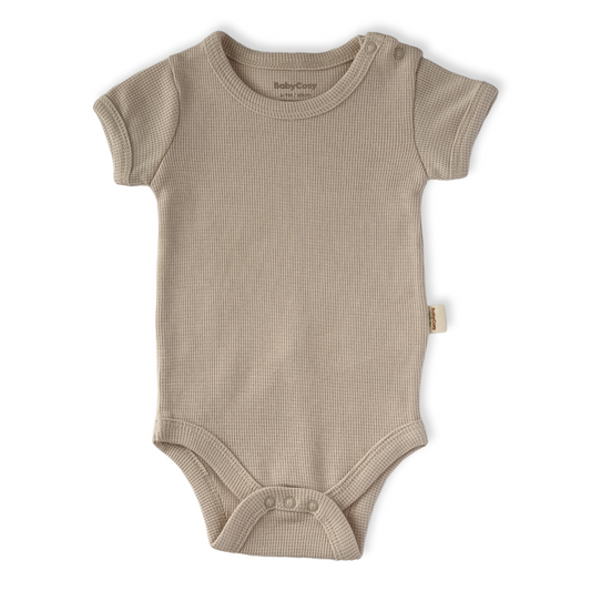 Organic Cotton Beige Square Pattern Unisex Body-Basic, Beije, Body, Bodysuit, Boy, Brown, catboy, catgirl, catunisex, Creeper, Girl, Onesie, Organic, Short Sleeve, Unisex-BabyCosy-[Too Twee]-[Tootwee]-[baby]-[newborn]-[clothes]-[essentials]-[toys]-[Lebanon]