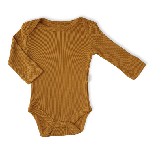 Organic Cotton Mustard Unisex Body-Basic, Body, Bodysuit, Boy, catboy, catgirl, catunisex, Creeper, Girl, Long Sleeve, Mustard, Onesie, Organic, Unisex, Yellow-BabyCosy-[Too Twee]-[Tootwee]-[baby]-[newborn]-[clothes]-[essentials]-[toys]-[Lebanon]