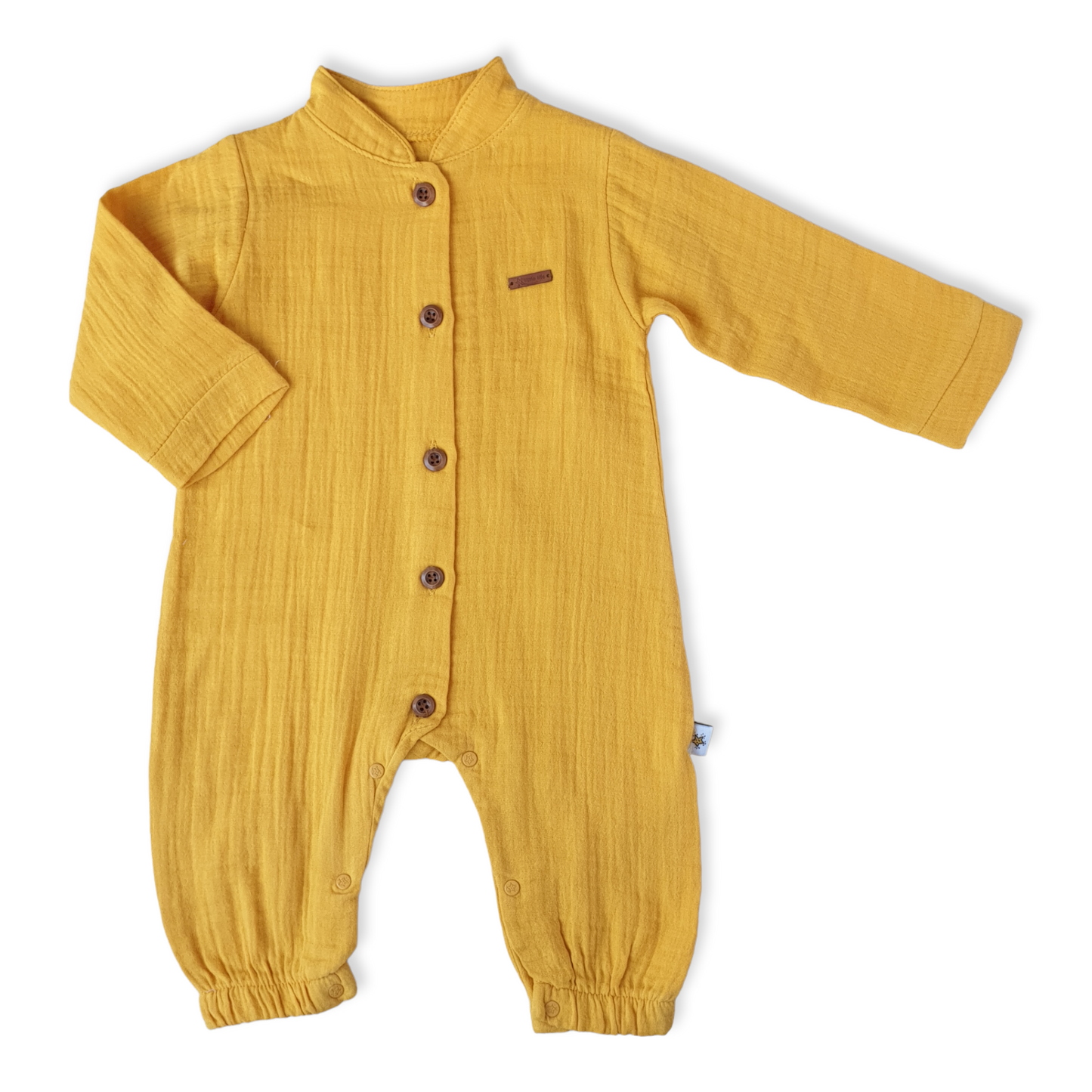 Muslin Basic Unisex Yellow Jumpsuit-Boy, Buttons, catboy, catgirl, catunisex, Footless, Girl, Jumpsuit, Long Sleeve, Unisex, Yellow-Little Life-[Too Twee]-[Tootwee]-[baby]-[newborn]-[clothes]-[essentials]-[toys]-[Lebanon]