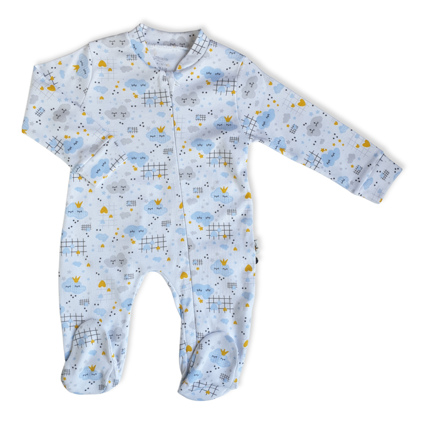 Cloudy Baby Boy Jumpsuit-Blue, Boy, catboy, Clouds, Footed, Hearts, Jumpsuit, Long Sleeve, Stars, White-Little Life-[Too Twee]-[Tootwee]-[baby]-[newborn]-[clothes]-[essentials]-[toys]-[Lebanon]