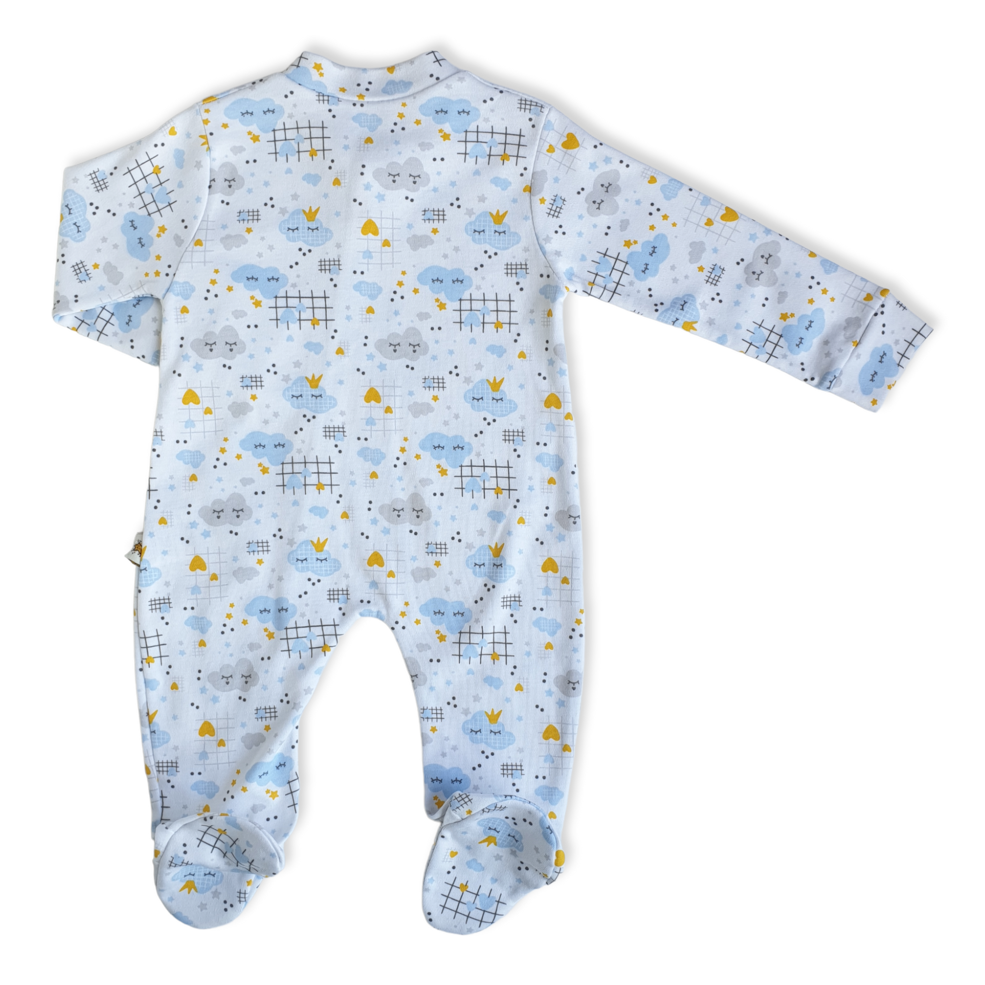 Cloudy Baby Boy Jumpsuit-Blue, Boy, catboy, Clouds, Footed, Hearts, Jumpsuit, Long Sleeve, Stars, White-Little Life-[Too Twee]-[Tootwee]-[baby]-[newborn]-[clothes]-[essentials]-[toys]-[Lebanon]