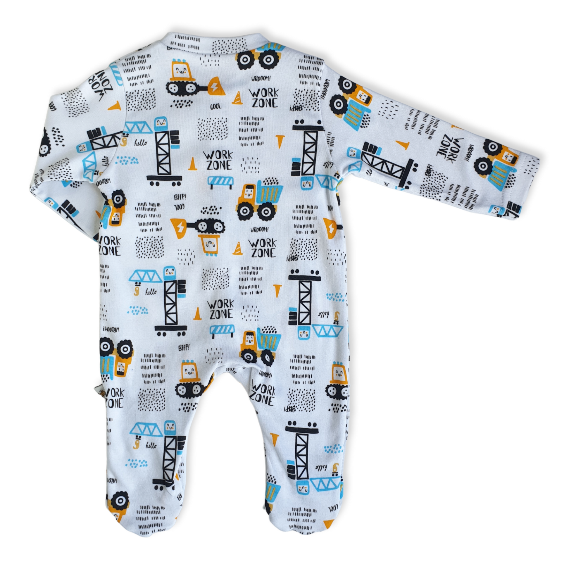 Work Zone Baby Boy Jumpsuit-Boy, catboy, Construction, Crane, Footed, Jumpsuit, Long Sleeve, Tractor, Truck, White, Work-Little Life-[Too Twee]-[Tootwee]-[baby]-[newborn]-[clothes]-[essentials]-[toys]-[Lebanon]