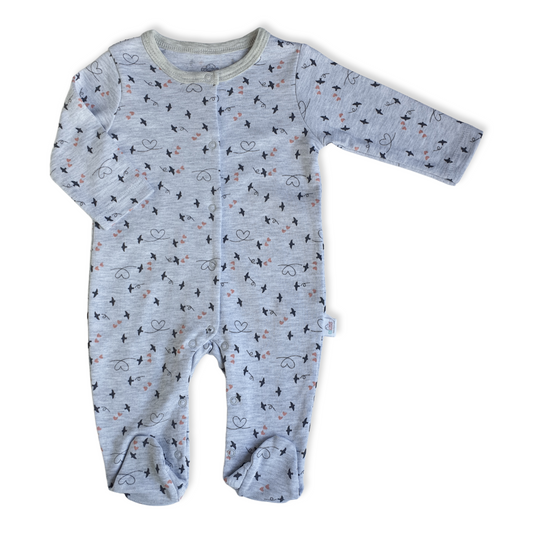 Birds and Hearts Unisex Body-Bird, Boy, catboy, catgirl, catunisex, Fly, Footed, Girl, Grey, Heart, Hearts, Jumpsuit, Long Sleeve, Unisex-Bimini-[Too Twee]-[Tootwee]-[baby]-[newborn]-[clothes]-[essentials]-[toys]-[Lebanon]