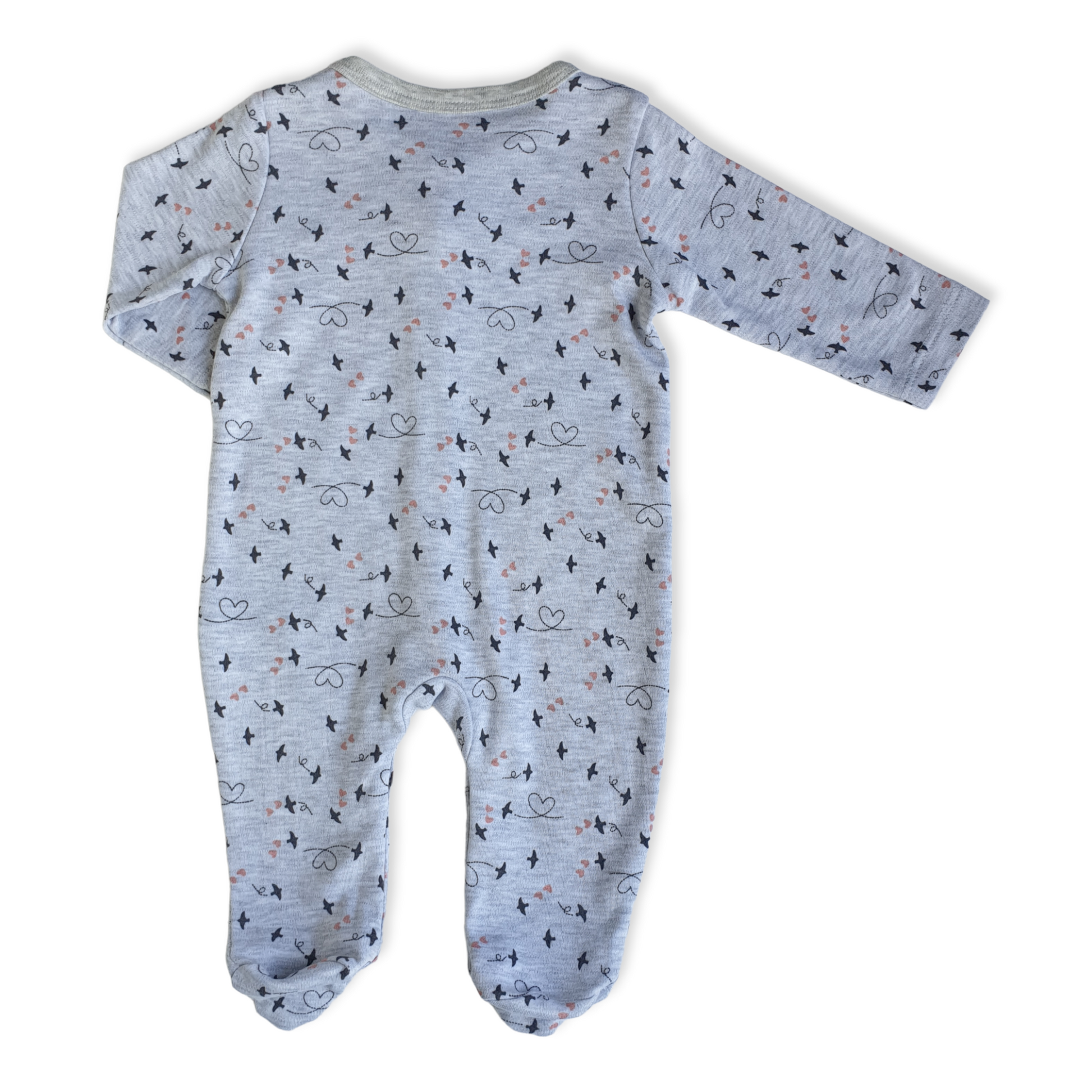 Birds and Hearts Unisex Body-Bird, Boy, catboy, catgirl, catunisex, Fly, Footed, Girl, Grey, Heart, Hearts, Jumpsuit, Long Sleeve, Unisex-Bimini-[Too Twee]-[Tootwee]-[baby]-[newborn]-[clothes]-[essentials]-[toys]-[Lebanon]