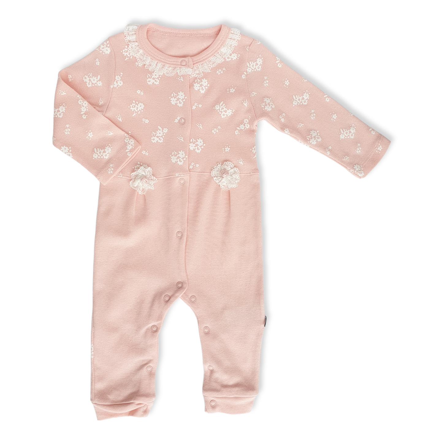 Pink Flowers Baby Girl Jumpsuit-catgirl, Dots, Flowers, Footless, Girl, Jumpsuit, Long Sleeve, Pink, White-VEO-[Too Twee]-[Tootwee]-[baby]-[newborn]-[clothes]-[essentials]-[toys]-[Lebanon]
