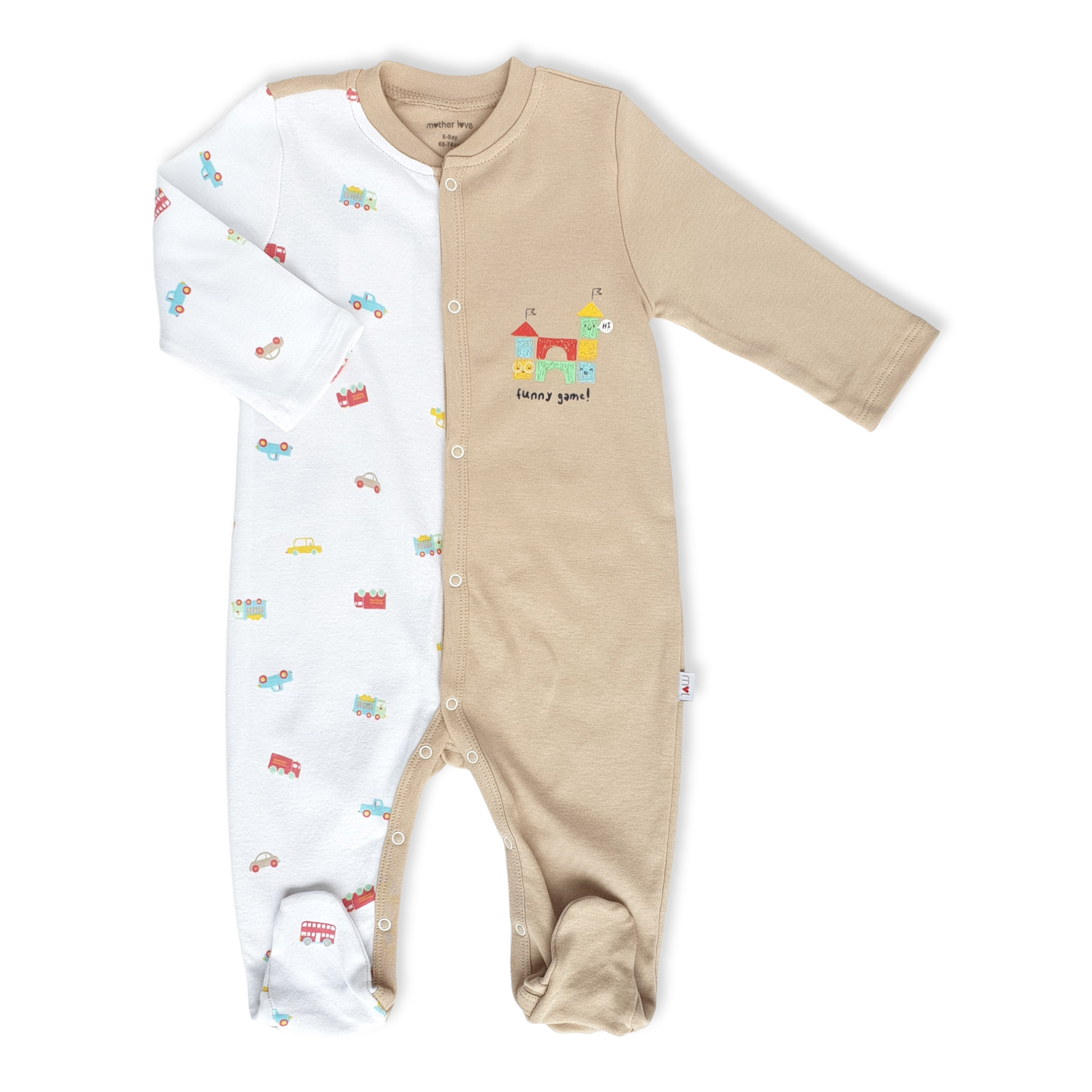 Funny Game Unisex Jumpsuit-Boy, Cartoon, catboy, catgirl, catunisex, Footed, Girl, Green, House, Jumpsuit, Long Sleeve, Nature, Olive, Unisex, White-Mother Love-[Too Twee]-[Tootwee]-[baby]-[newborn]-[clothes]-[essentials]-[toys]-[Lebanon]