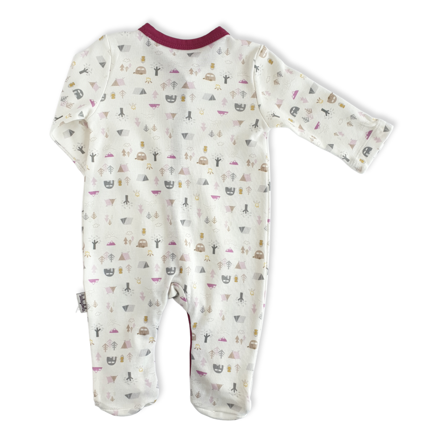 Organic Cotton White Burgundy Camp Baby Girl Jumpsuit-Burgundy, Camp, catgirl, Fire, Footed, Girl, Jumpsuit, Long Sleeve, Organic, Pink, Tent, Tree, White-Babydola-[Too Twee]-[Tootwee]-[baby]-[newborn]-[clothes]-[essentials]-[toys]-[Lebanon]