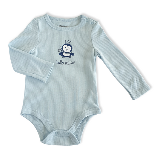 Unisex Penguin Hello Winter Body-Blue, Body, Bodysuit, Boy, Cartoon, catboy, catgirl, catunisex, Creeper, Cyan, Girl, Long Sleeve, Onesie, Penguinm King, Queen, Unisex, Winter-Hello Baby-[Too Twee]-[Tootwee]-[baby]-[newborn]-[clothes]-[essentials]-[toys]-[Lebanon]