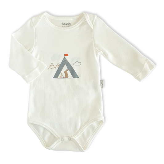 Organic Cotton White Rabbit Camp Unisex Body-Body, Bodysuit, Boy, catboy, catgirl, catunisex, Cloud, Creeper, Girl, Long Sleeve, Mountain, Onesie, Organic, Rabbit, Snow, Tent, Unisex, White-Babydola-[Too Twee]-[Tootwee]-[baby]-[newborn]-[clothes]-[essentials]-[toys]-[Lebanon]