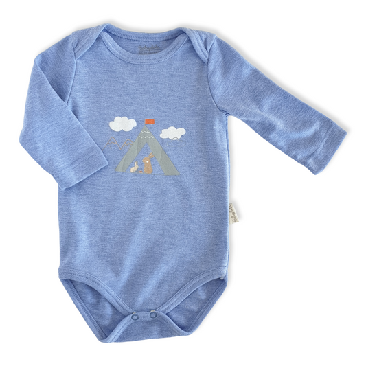 Organic Cotton Blue Rabbit Camp Unisex Body-Blue, Body, Bodysuit, Boy, catboy, catgirl, catunisex, Cloud, Creeper, Girl, Long Sleeve, Mountain, Onesie, Organic, Rabbit, Snow, Tent, Unisex-Babydola-[Too Twee]-[Tootwee]-[baby]-[newborn]-[clothes]-[essentials]-[toys]-[Lebanon]