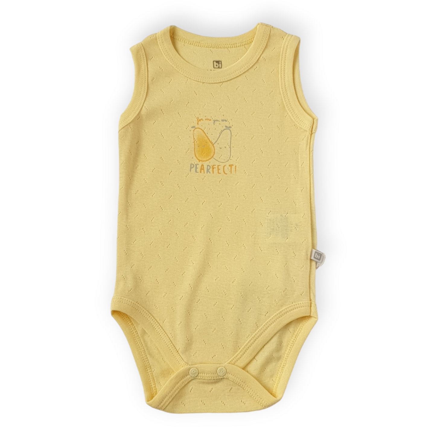 Basic Yellow Sleeveless Body with Pears-Body, Bodysuit, Boy, Catboy, Catgirl, Creeper, Girl, Onesie, Pears, Sleeveless, SS23, Unisex, Yellow-BiBaby-[Too Twee]-[Tootwee]-[baby]-[newborn]-[clothes]-[essentials]-[toys]-[Lebanon]