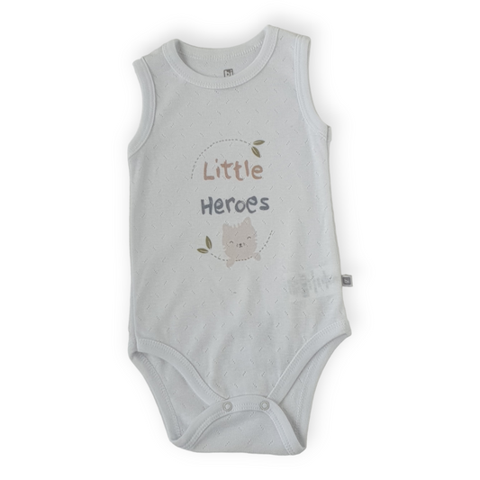 Basic Little Heroes White Sleeveless Body-Body, Bodysuit, Boy, Catboy, Catgirl, Creeper, Girl, Heroes, Onesie, Sleeveless, SS23, Unisex, White-BiBaby-[Too Twee]-[Tootwee]-[baby]-[newborn]-[clothes]-[essentials]-[toys]-[Lebanon]