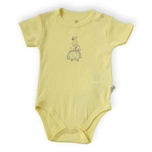 Basic Yellow Body with Animals-Animals, Body, Bodysuit, Boy, Catboy, Catgirl, Creeper, Girl, Onesie, Short Sleeve, SS23, Unisex, Yellow-BiBaby-[Too Twee]-[Tootwee]-[baby]-[newborn]-[clothes]-[essentials]-[toys]-[Lebanon]