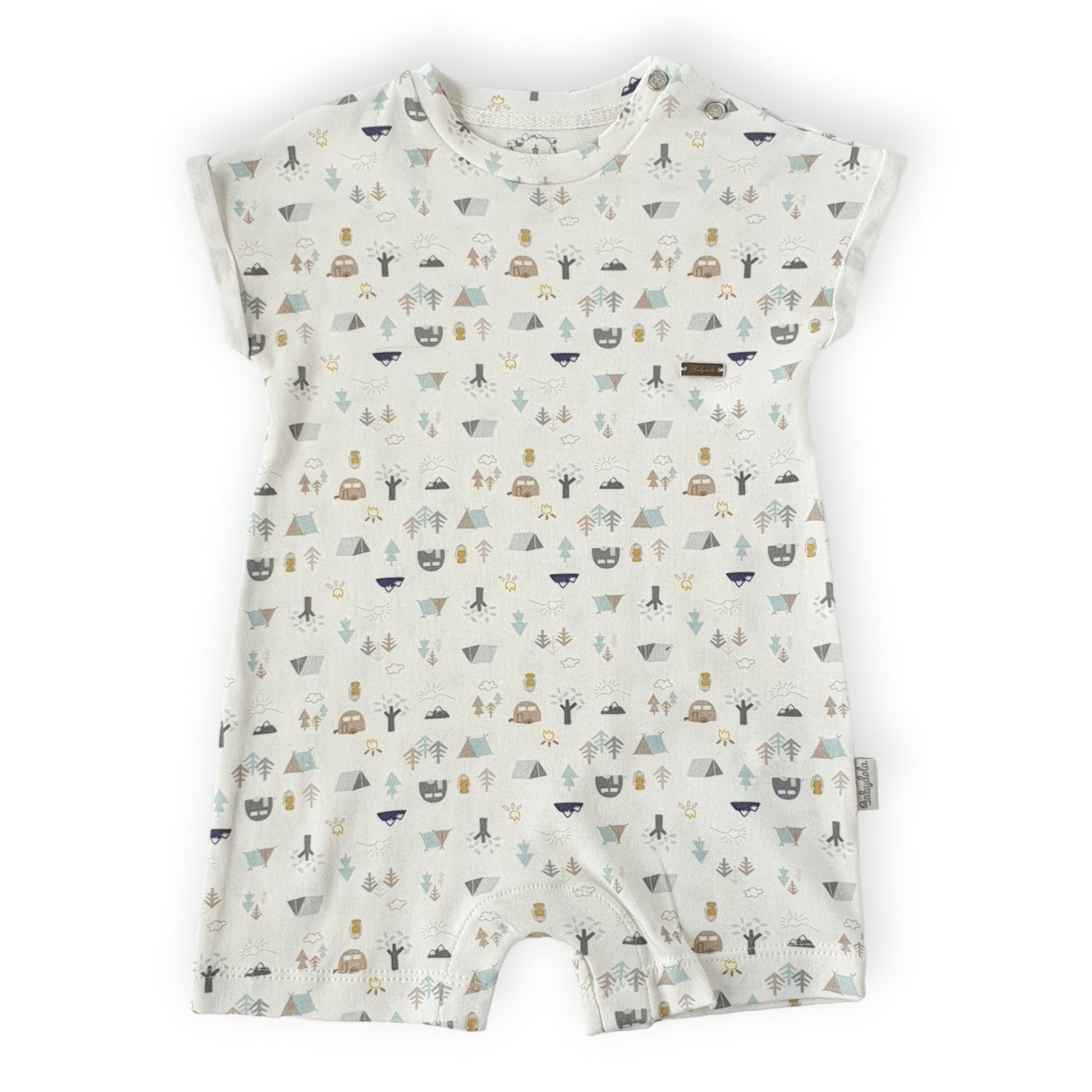 Camping Theme Off-White Romper-Boy, Camp, Catboy, Catgirl, Catromper, Catunisex, Off-white, Romper, Short sleeve, SS23, Tent-Babydola-[Too Twee]-[Tootwee]-[baby]-[newborn]-[clothes]-[essentials]-[toys]-[Lebanon]