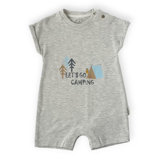 Let's Go Camping Grey Romper-Boy, Camp, Catboy, Catgirl, Catromper, Catunisex, Girl, grey, Romper, Short sleeve, SS23, Tent-Babydola-[Too Twee]-[Tootwee]-[baby]-[newborn]-[clothes]-[essentials]-[toys]-[Lebanon]