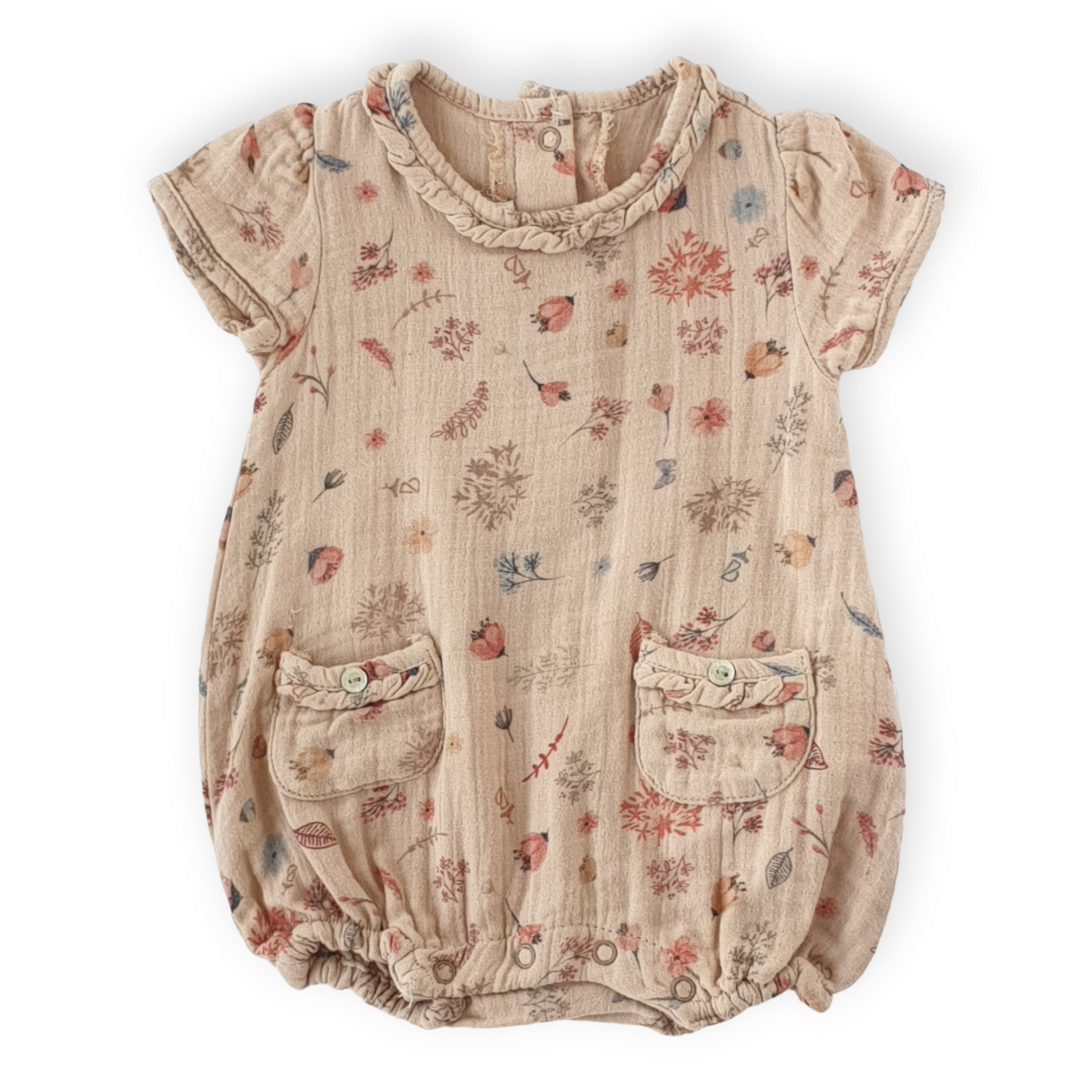Flowers and Leaves Beige Baby Girl  Romper With Pockets