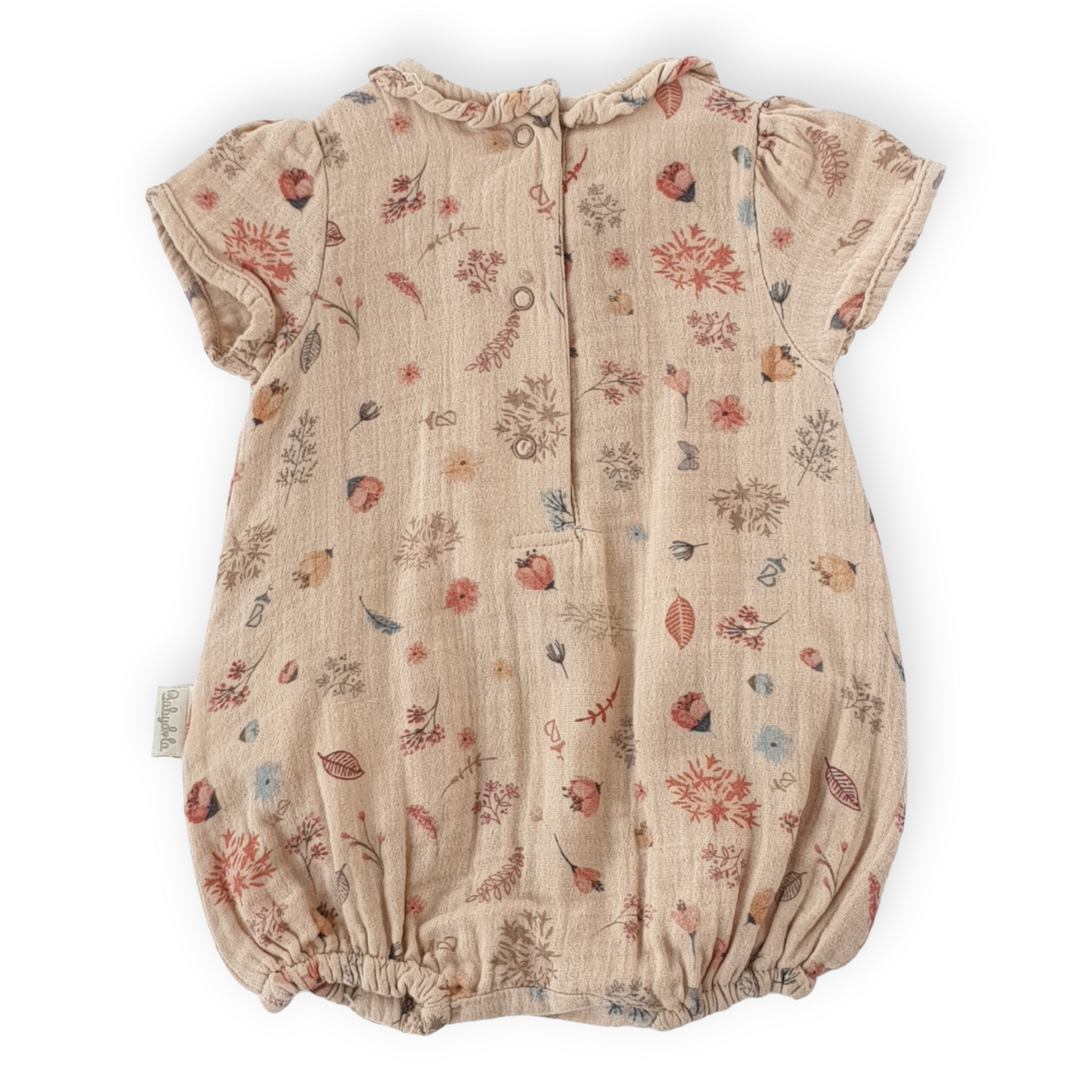 Flowers and Leaves Beige Baby Girl Romper With Pockets-Beige, Catgirl, Catromper, Flowers, Girl, Leaves, Romper, Short sleeve, SS23-Babydola-[Too Twee]-[Tootwee]-[baby]-[newborn]-[clothes]-[essentials]-[toys]-[Lebanon]