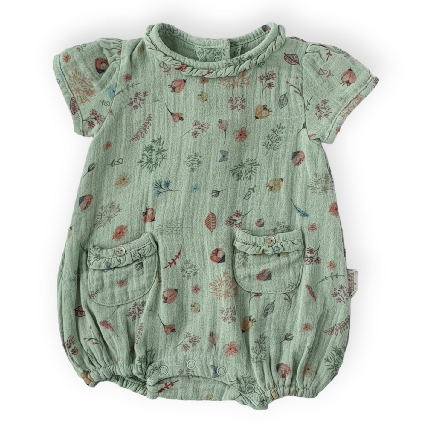 Flowers and Leaves Green Baby Girl Romper With Pockets-Catgirl, Catromper, Flowers, Girl, Green, Leaves, Romper, Short sleeve, SS23-Babydola-[Too Twee]-[Tootwee]-[baby]-[newborn]-[clothes]-[essentials]-[toys]-[Lebanon]