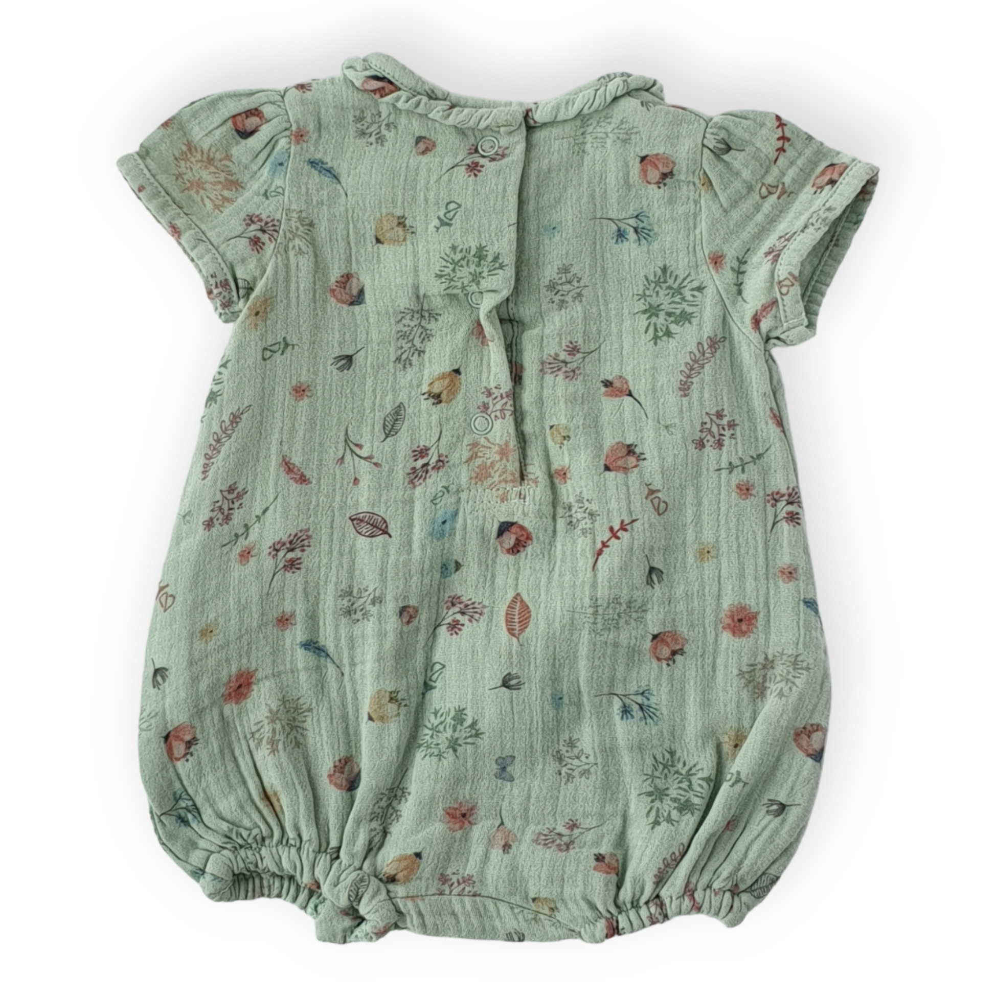 Flowers and Leaves Green Baby Girl Romper With Pockets-Catgirl, Catromper, Flowers, Girl, Green, Leaves, Romper, Short sleeve, SS23-Babydola-[Too Twee]-[Tootwee]-[baby]-[newborn]-[clothes]-[essentials]-[toys]-[Lebanon]