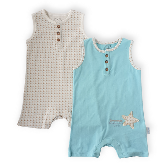 Summer Star Baby Boy Blue Romper (2pcs)-Beach, Blue, Boy, Catboy, Catromper, Romper, Sleeveless, SS23, Star, Summer, Wave-Babydola-[Too Twee]-[Tootwee]-[baby]-[newborn]-[clothes]-[essentials]-[toys]-[Lebanon]