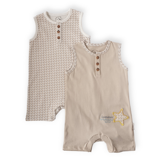 Summer Star Baby Boy Brown Romper (2pcs)-Beach, Boy, Brown, Catboy, Catromper, Romper, Sleeveless, SS23, Star, Summer, Wave-Babydola-[Too Twee]-[Tootwee]-[baby]-[newborn]-[clothes]-[essentials]-[toys]-[Lebanon]