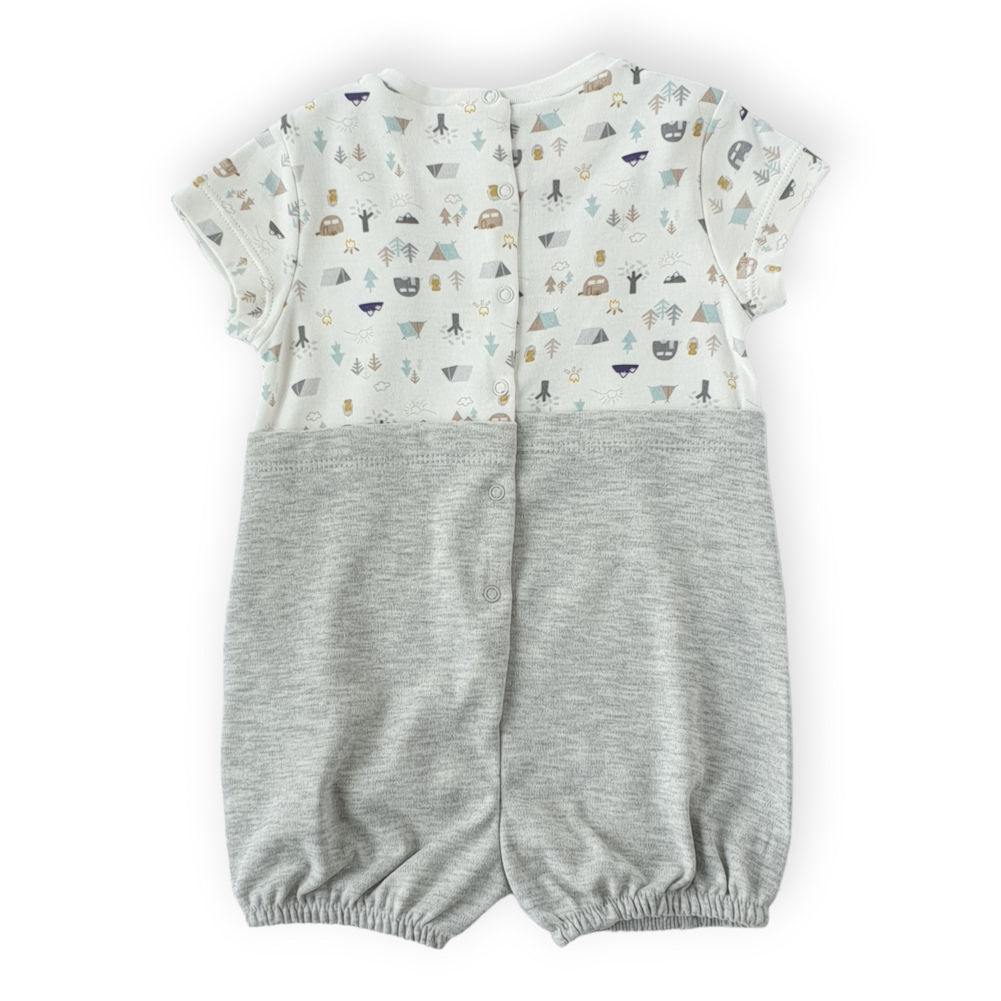 Let's Go Camping Grey Salopette-Boy, Camp, Catboy, Catromper, Grey, Romper, Short sleeve, SS23, Tent, Tree-Babydola-[Too Twee]-[Tootwee]-[baby]-[newborn]-[clothes]-[essentials]-[toys]-[Lebanon]