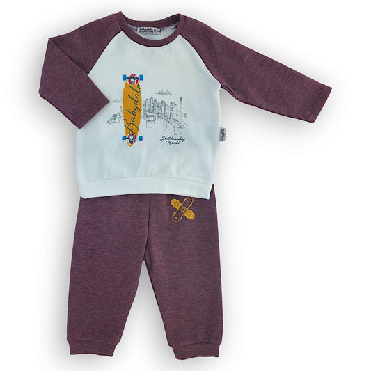 Skateboarding World Burgundy and White Set-Boy, Brick Red, Burgundy, catboy, catset2pcs, FW23, Long sleeve, Off-white, Red, Set, Skateboard, Skateboarding, White-Babydola-[Too Twee]-[Tootwee]-[baby]-[newborn]-[clothes]-[essentials]-[toys]-[Lebanon]