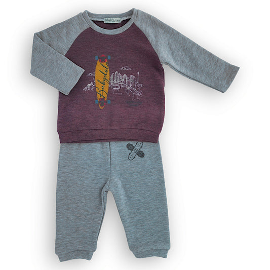 Skateboarding World Burgundy and Grey Set-Boy, Brick Red, Burgundy, catboy, catset2pcs, FW23, Grey, Long sleeve, Red, Set, Skateboard, Skateboarding-Babydola-[Too Twee]-[Tootwee]-[baby]-[newborn]-[clothes]-[essentials]-[toys]-[Lebanon]