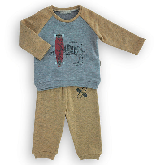 Skateboarding World Yellow and Grey Set-Boy, catboy, catset2pcs, FW23, Grey, Long sleeve, Mustard, Set, Skateboard, Skateboarding, Yellow-Babydola-[Too Twee]-[Tootwee]-[baby]-[newborn]-[clothes]-[essentials]-[toys]-[Lebanon]