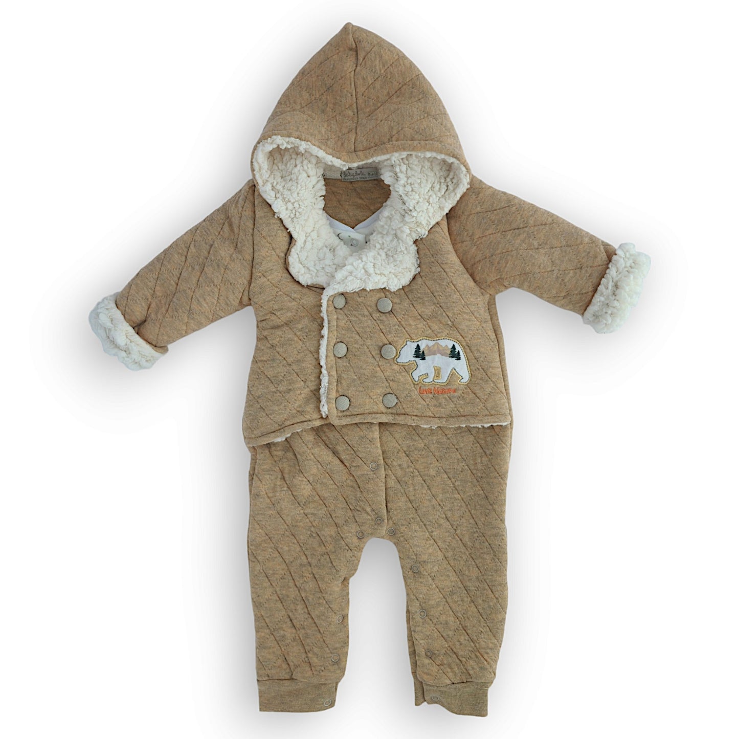Mustard Love Nature Jumpsuit with Warm Chest Cover and Hoodie-Boy, catboy, catgirl, catunisex, Footless, FW23, Girl, Jumpsuit, Long sleeve, Mustard, Overall, Unisex, Warm, Winter, Yellow-Babydola-[Too Twee]-[Tootwee]-[baby]-[newborn]-[clothes]-[essentials]-[toys]-[Lebanon]