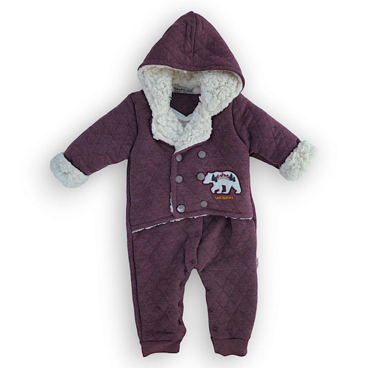 Burgundy Love Nature Jumpsuit with Warm Chest Cover and Hoodie-Boy, Brick Red, Burgundy, catboy, catgirl, catunisex, Footless, FW23, Girl, Jumpsuit, Long sleeve, Overall, Red, Unisex, Warm, Winter-Babydola-[Too Twee]-[Tootwee]-[baby]-[newborn]-[clothes]-[essentials]-[toys]-[Lebanon]