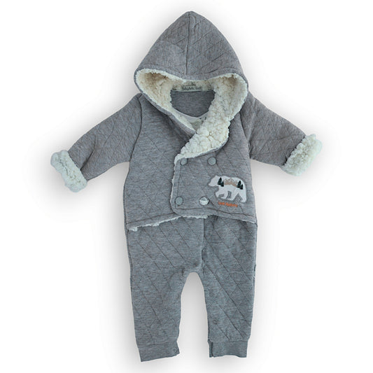 Grey Love Nature Jumpsuit with Warm Chest Cover and Hoodie-Boy, catboy, catgirl, catunisex, Footless, FW23, Girl, Grey, Jumpsuit, Long sleeve, Overall, Unisex, Warm, Winter-Babydola-[Too Twee]-[Tootwee]-[baby]-[newborn]-[clothes]-[essentials]-[toys]-[Lebanon]