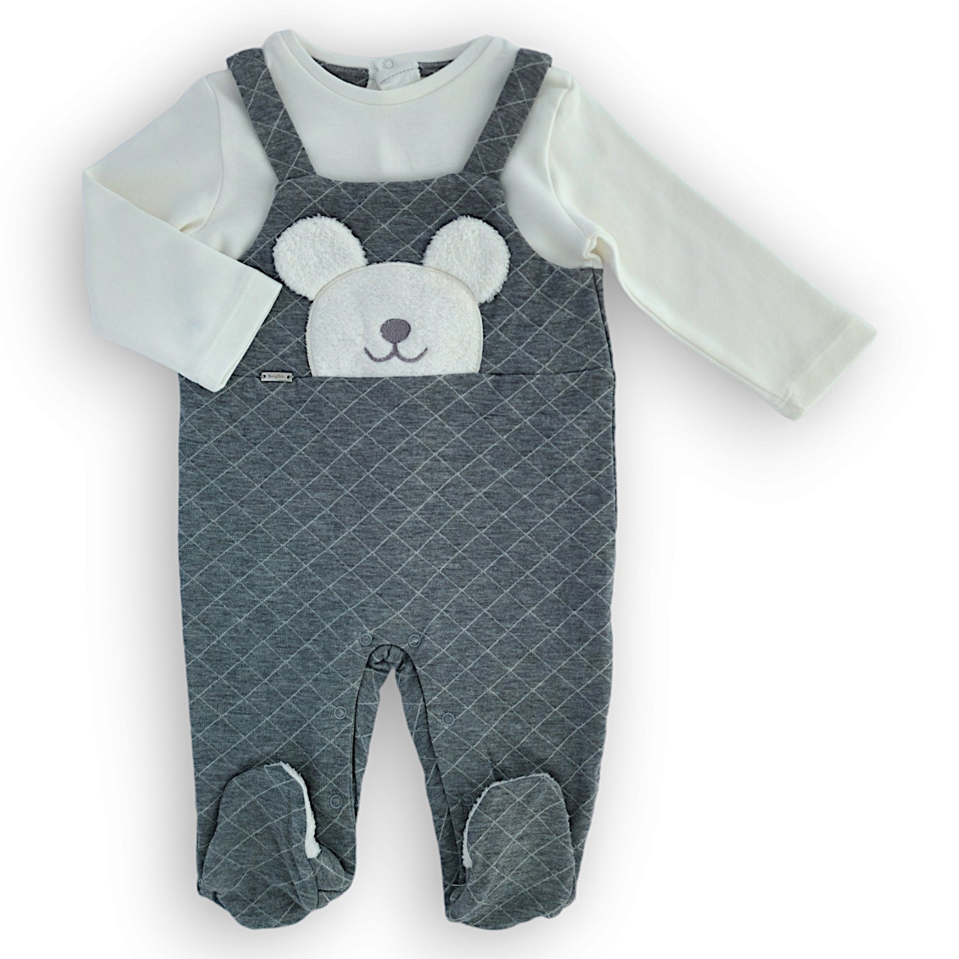 Grey Jumpsuit with Salopette Design-Bear, Boy, catboy, Footed, FW23, Grey, Jumpsuit, Long sleeve, Overall-Babydola-[Too Twee]-[Tootwee]-[baby]-[newborn]-[clothes]-[essentials]-[toys]-[Lebanon]
