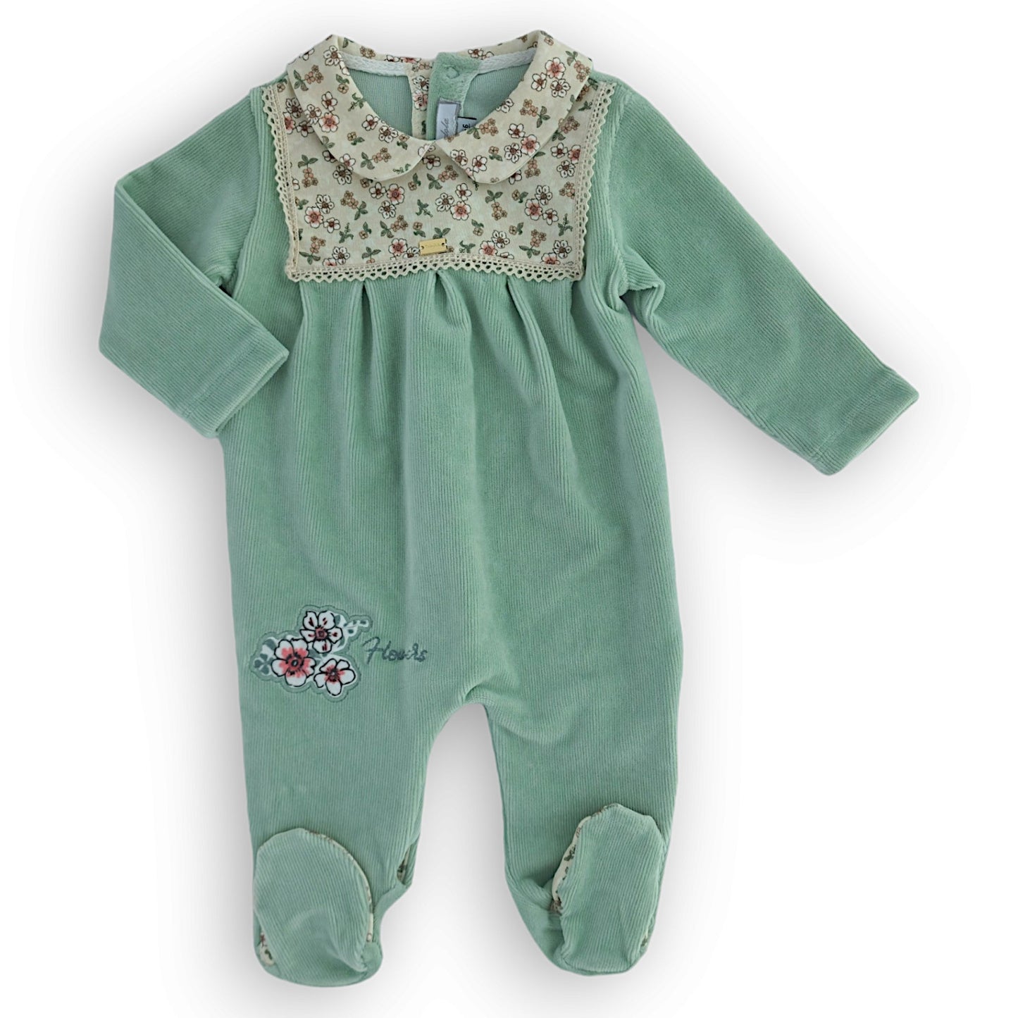 Green Flowers Jumpsuit-catgirl, Embroidery, Flowers, Footed, FW23, Girl, Green, Jumpsuit, Long sleeve, Overall-Babydola-[Too Twee]-[Tootwee]-[baby]-[newborn]-[clothes]-[essentials]-[toys]-[Lebanon]