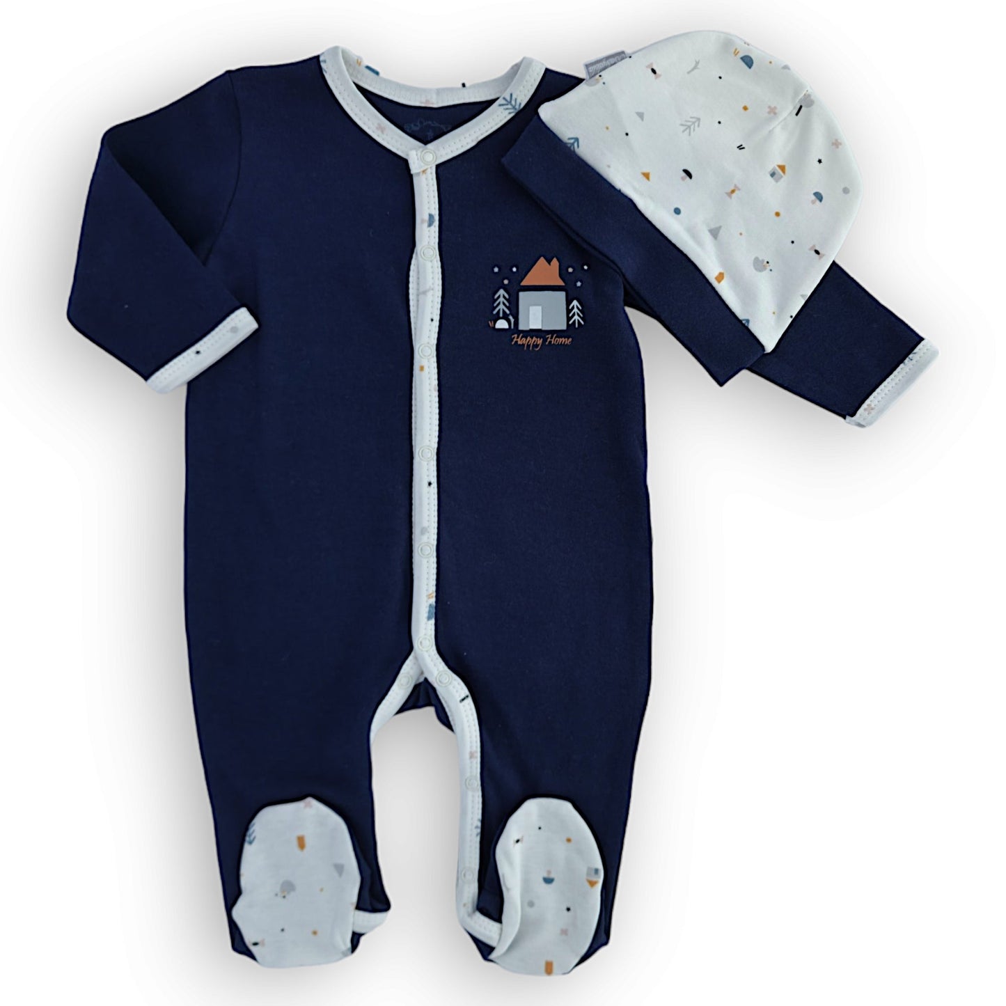 Navy Blue Happy Home Jumpsuit with Cap-Blue, Boy, Cap, catboy, catgirl, catunisex, Footed, FW23, Girl, Happy, Home, Jumpsuit, Long sleeve, Navy, Overall, Unisex-Babydola-[Too Twee]-[Tootwee]-[baby]-[newborn]-[clothes]-[essentials]-[toys]-[Lebanon]