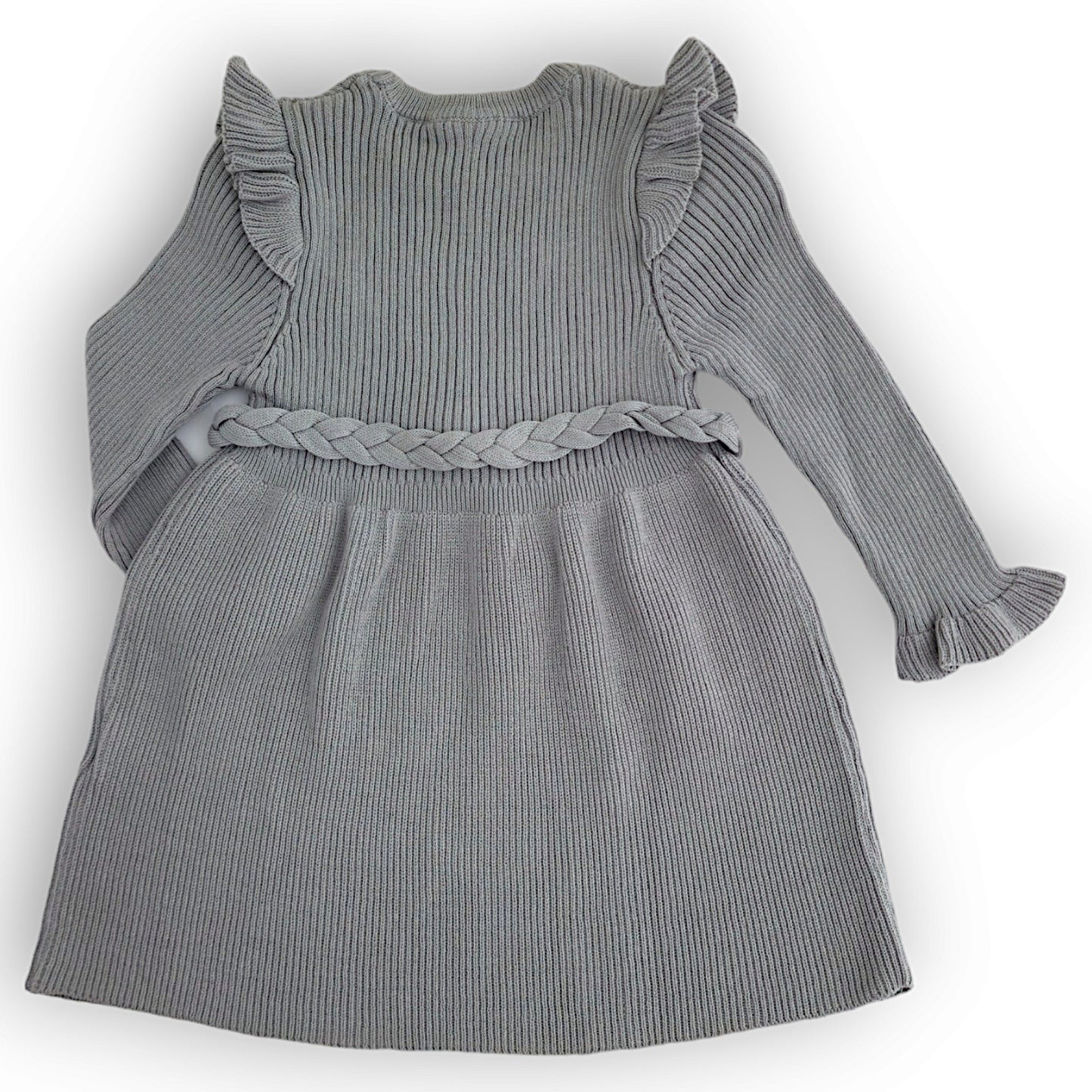 Grey Cotton Dress with Belt-Belt, catgirl, Dress, FW23, Grey, Gril, Long sleeve-Beybek-[Too Twee]-[Tootwee]-[baby]-[newborn]-[clothes]-[essentials]-[toys]-[Lebanon]