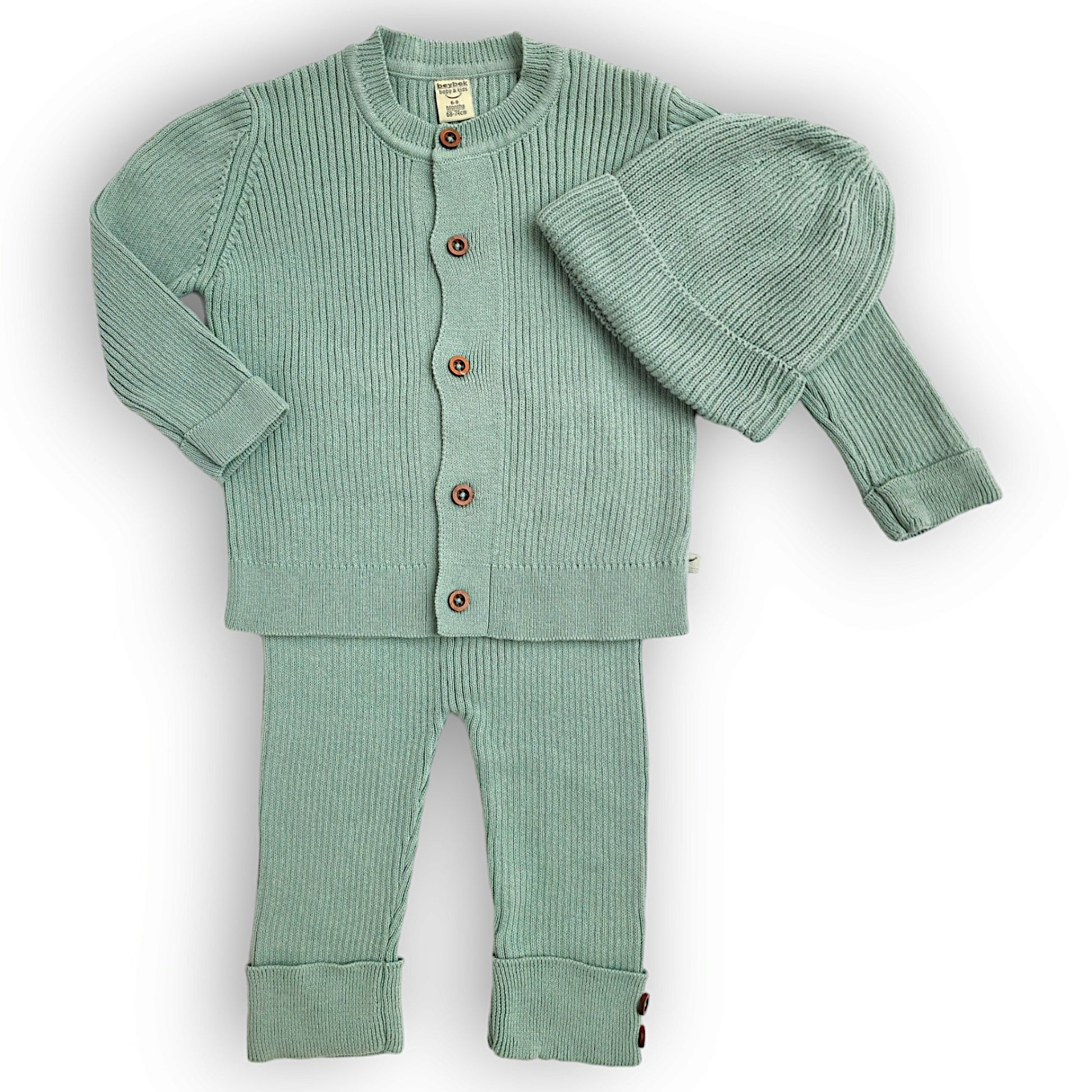 Green Basic Cotton Set with Cap-Boy, Cap, catboy, catgirl, catset2pcs, catunisex, Footless, FW23, Girl, Green, Long sleeve, Set, Unisex-Beybek-[Too Twee]-[Tootwee]-[baby]-[newborn]-[clothes]-[essentials]-[toys]-[Lebanon]