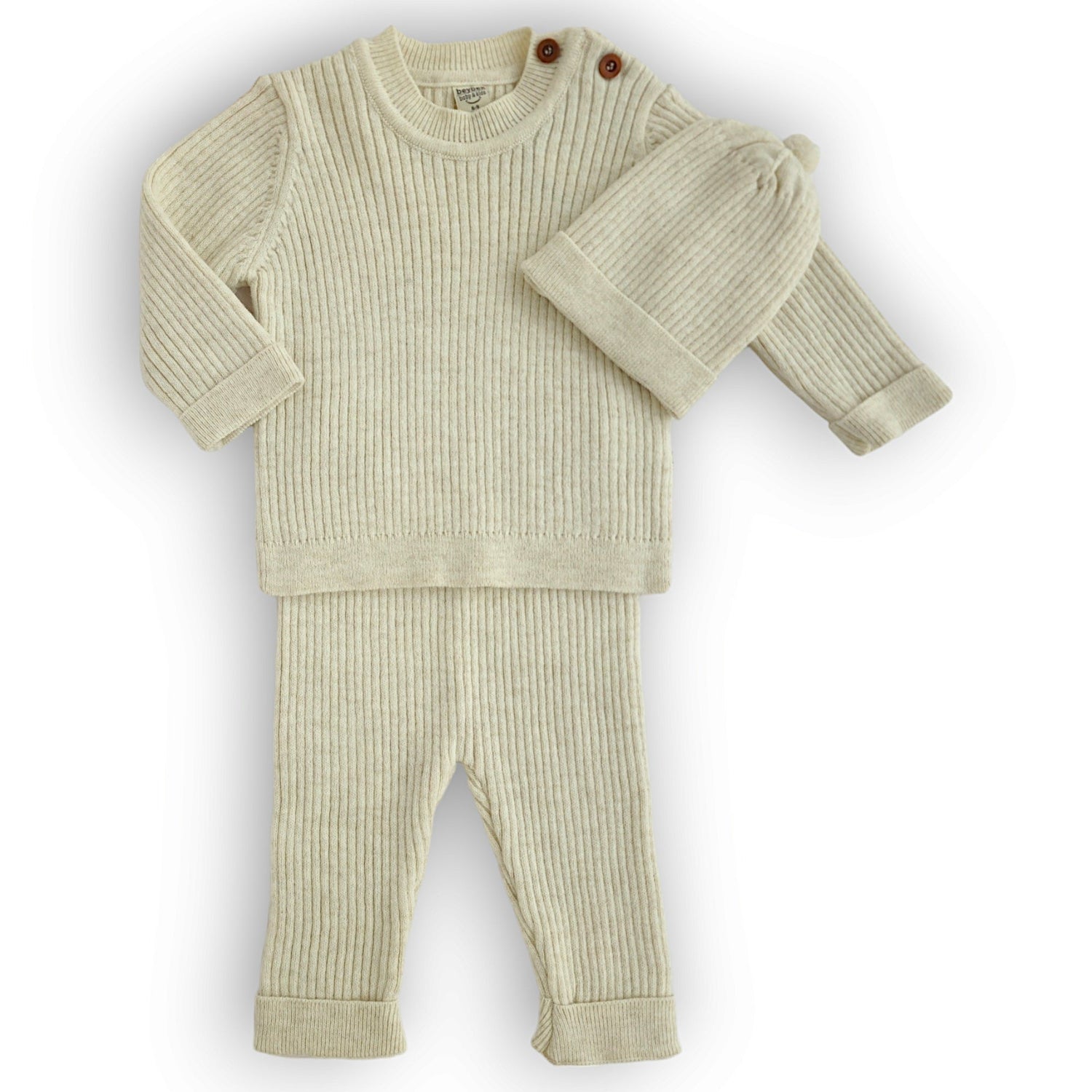 Beige Basic Cotton Set with Cap-Beige, Boy, Cap, catboy, catgirl, catset2pcs, catunisex, Footless, FW23, Girl, Long sleeve, Set, Unisex-Beybek-[Too Twee]-[Tootwee]-[baby]-[newborn]-[clothes]-[essentials]-[toys]-[Lebanon]