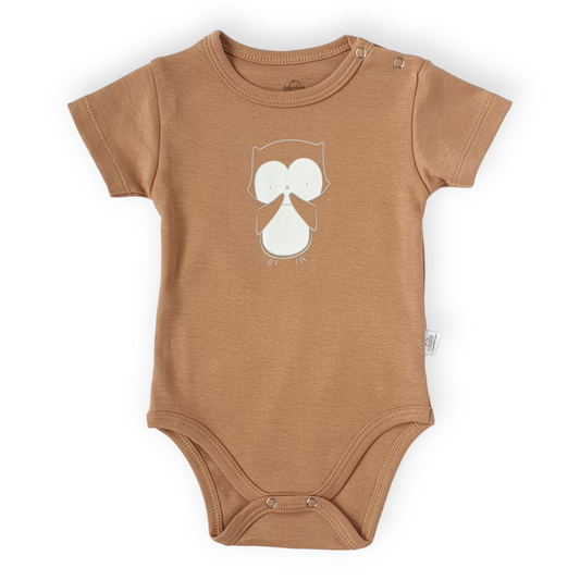 Basic Brown Body with Owl-Body, Bodysuit, Boy, Brown Owl, Catboy, Catgirl, Creeper, Girl, Onesie, Short sleeve, SS23, Unisex-Bimini-[Too Twee]-[Tootwee]-[baby]-[newborn]-[clothes]-[essentials]-[toys]-[Lebanon]