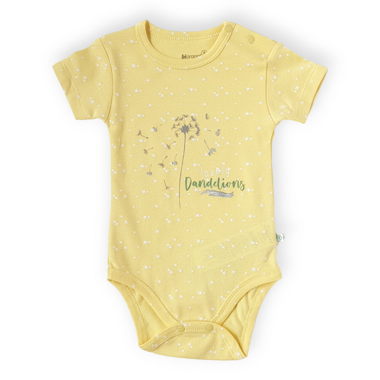 Organic Cotton Yellow Dandelion Body-Body, Bodysuit, Boy, Catboy, Catgirl, Creeper, Dandelion, Girl, Onesie, Short sleeve, SS23, Unisex, Yellow-Biorganic-[Too Twee]-[Tootwee]-[baby]-[newborn]-[clothes]-[essentials]-[toys]-[Lebanon]