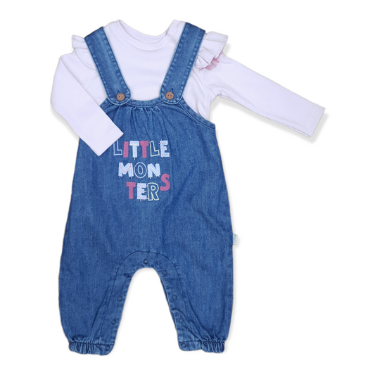 Little Monsters Baby Girl Overall Set-Blue, catgirl, Footless, Girl, Little, Long Sleeve, Monsters, Overall, Purple, Salopette, Shirt, Top-Tongs-[Too Twee]-[Tootwee]-[baby]-[newborn]-[clothes]-[essentials]-[toys]-[Lebanon]